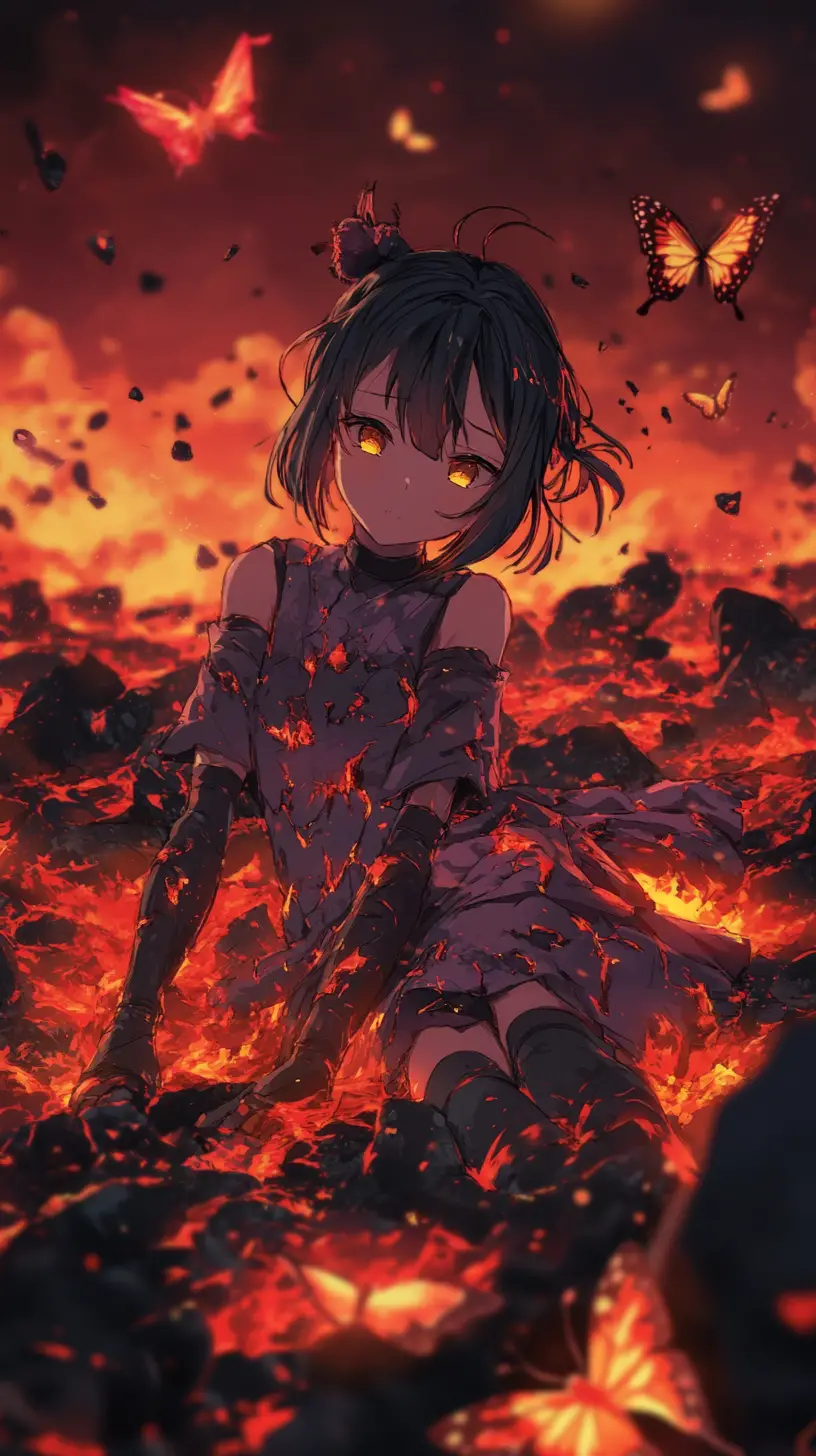 Anime girl lying in lava under a dark red sky
