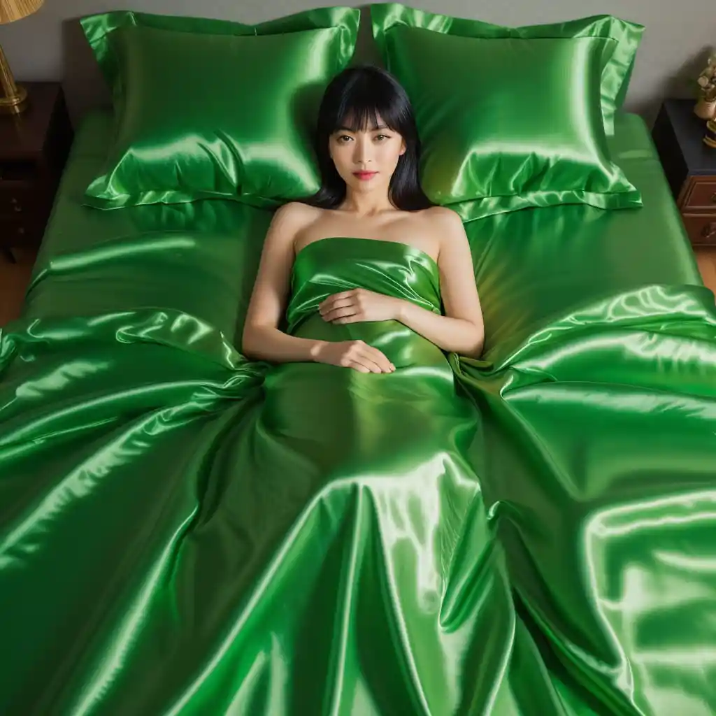 Japanese woman lying on bright green satin bed sheets