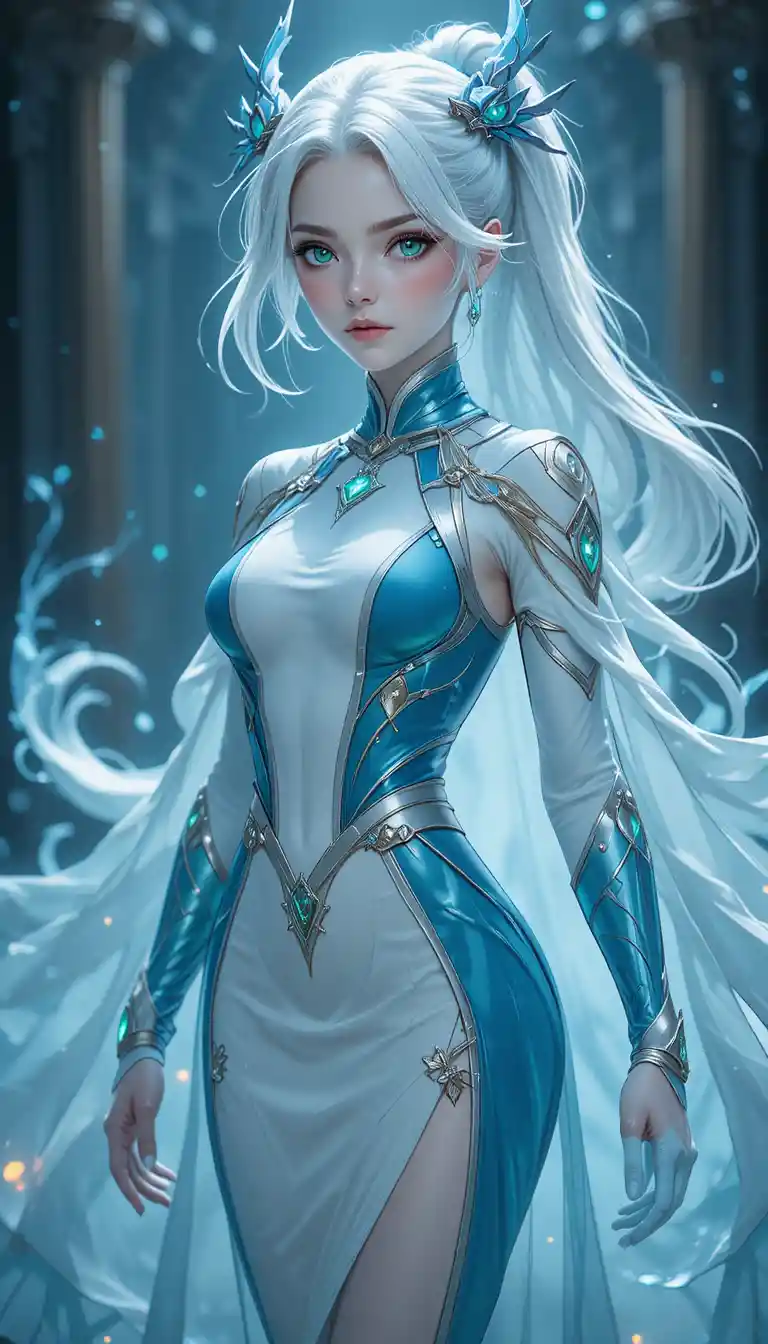 Elegant anime eliatrope girl with glowing blue deer horns