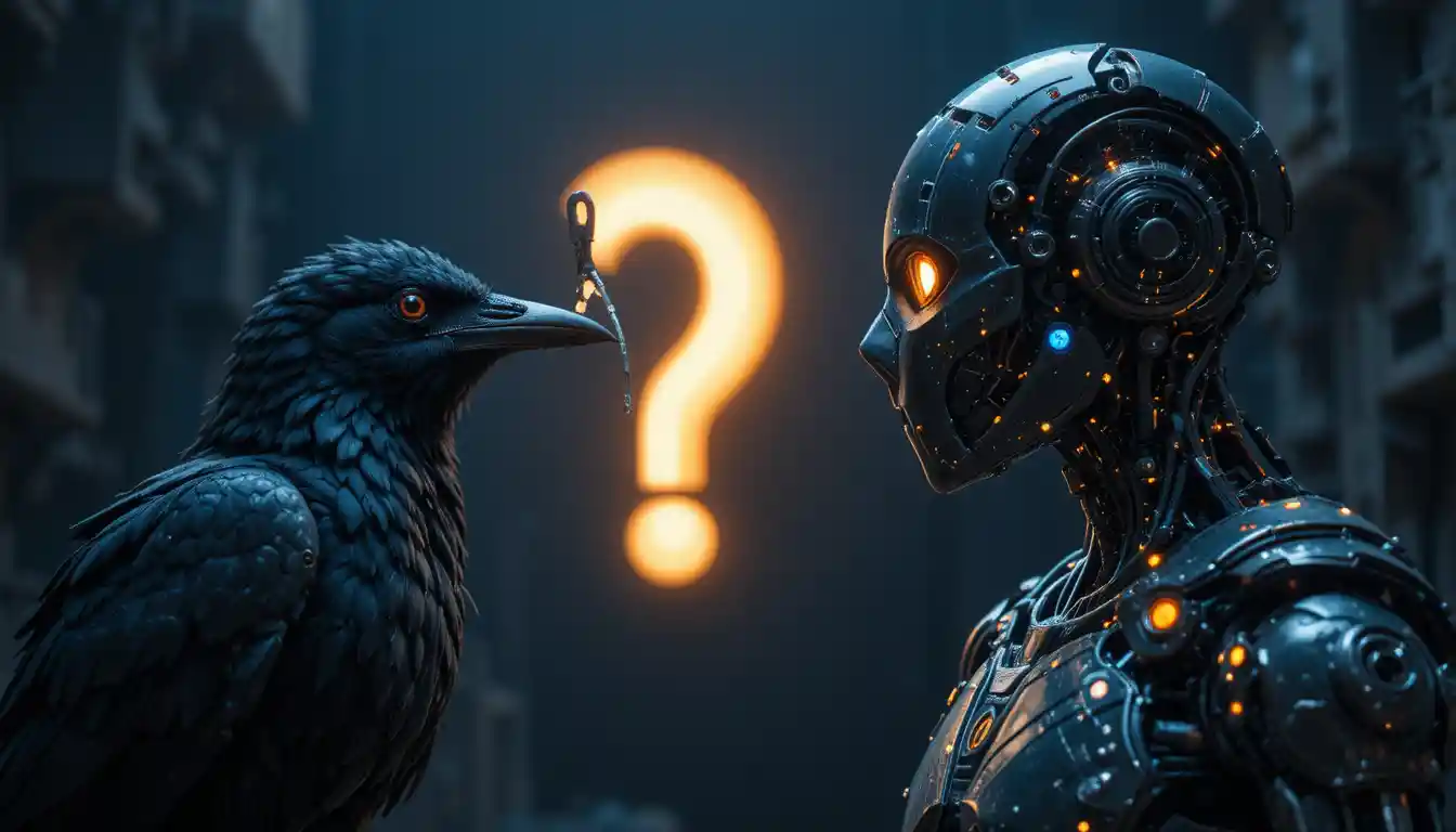 Primo piano di un corvo di fronte a un robot futuristico con punto interrogativo luminoso