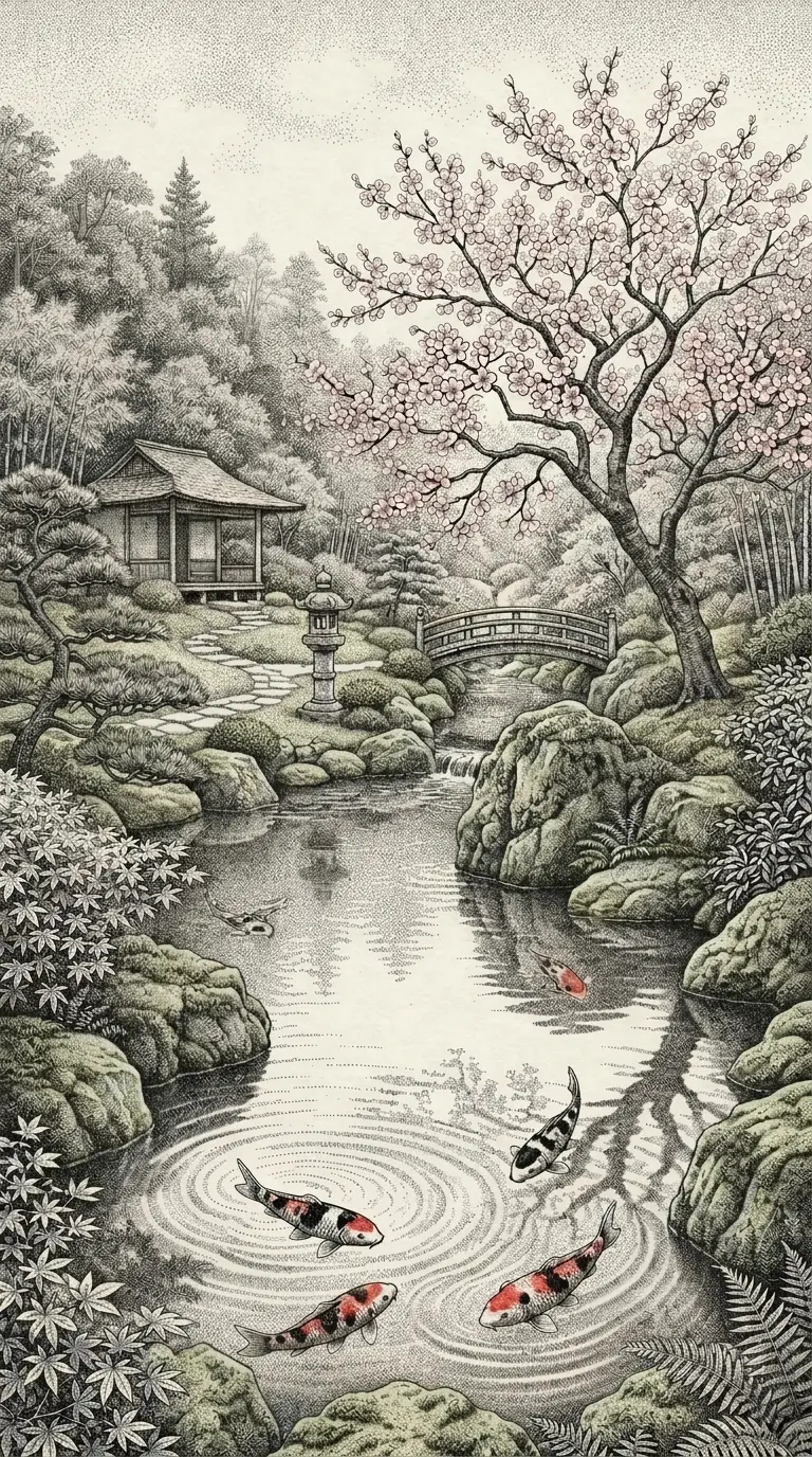 Giardino giapponese sereno con laghetto di koi e albero di ciliegio in fiore