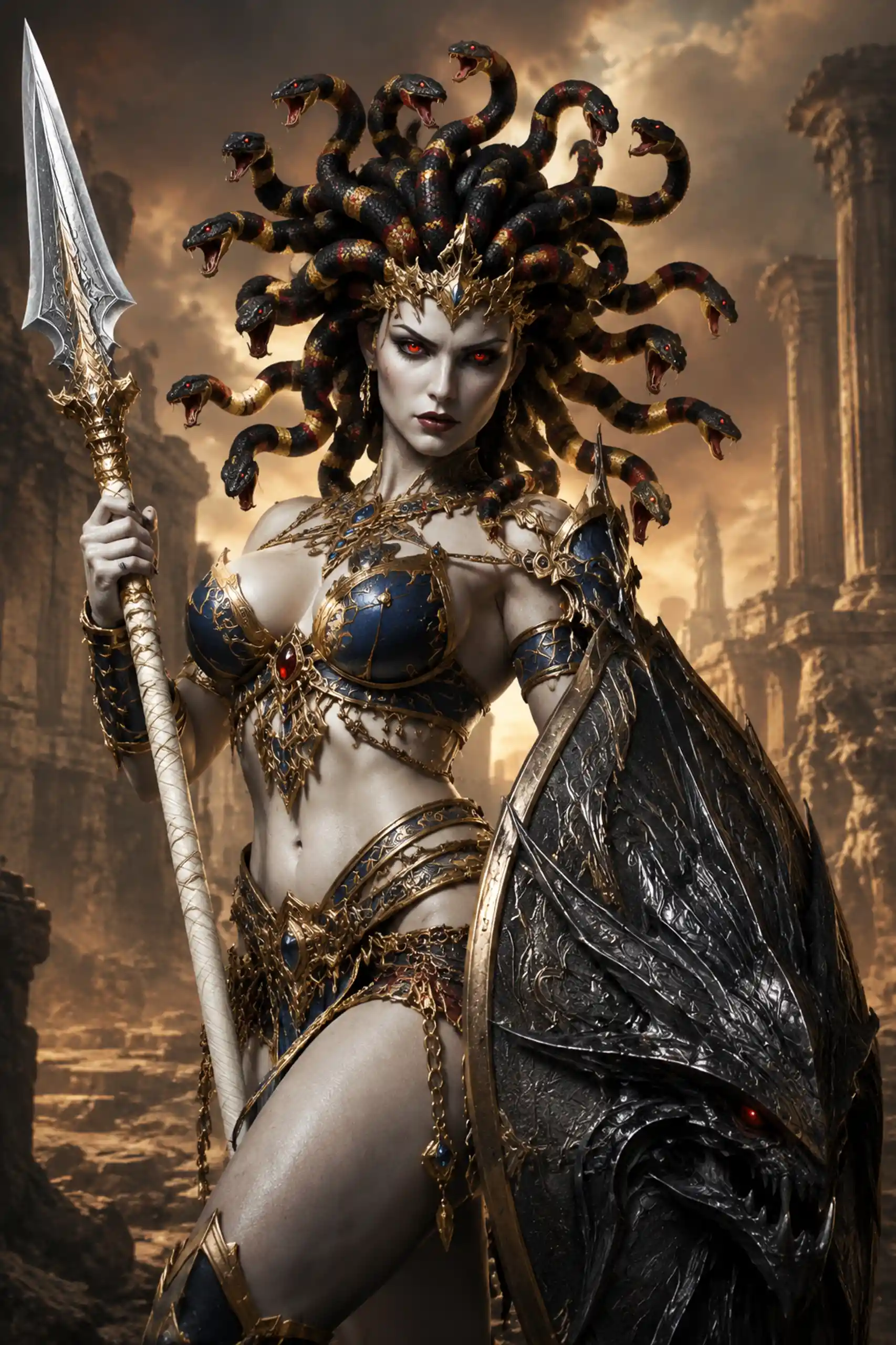 Medusa inspired warrior woman in ancient desert ruins