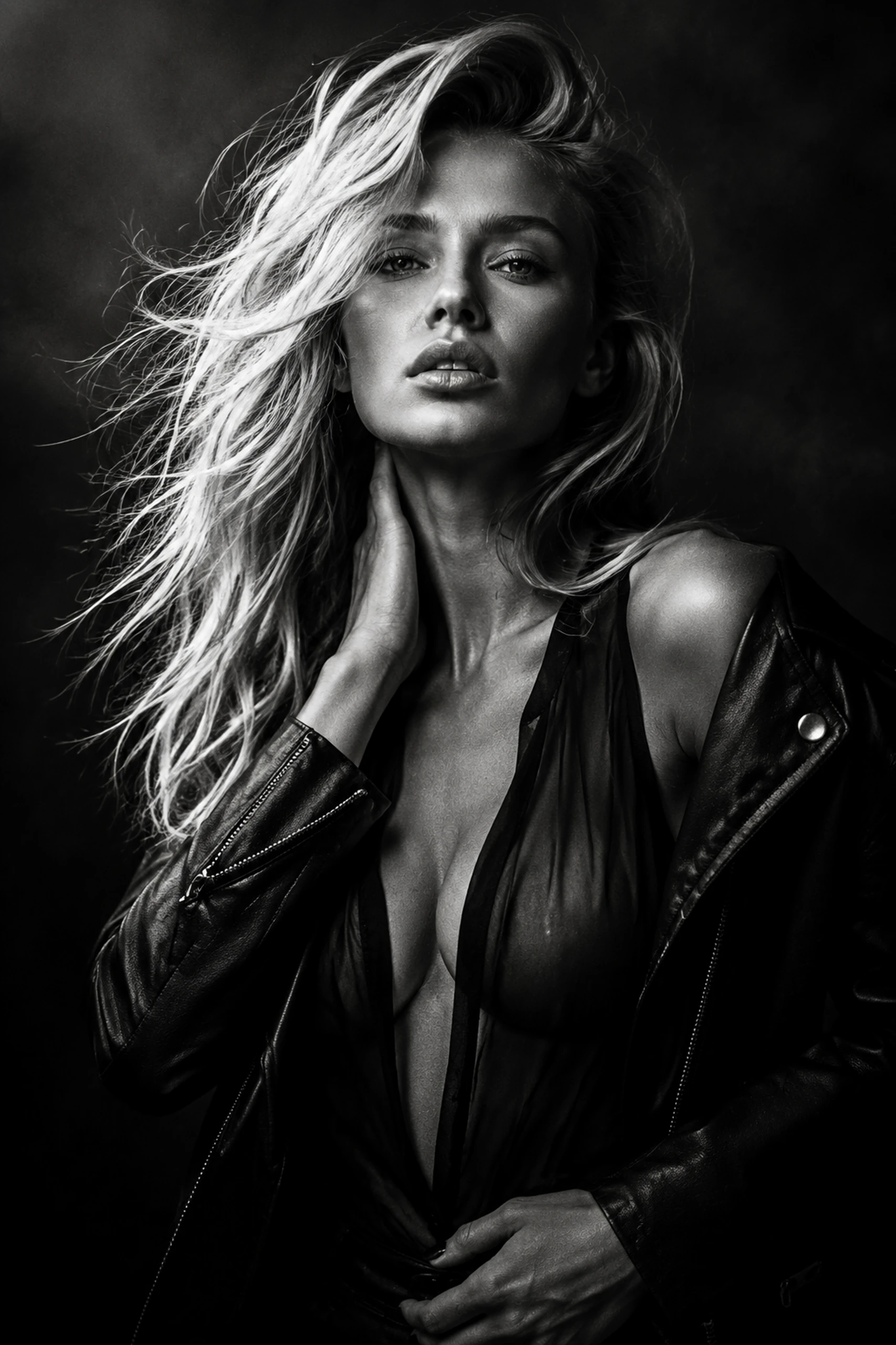 Dramatic black and white portrait of a confident young woman