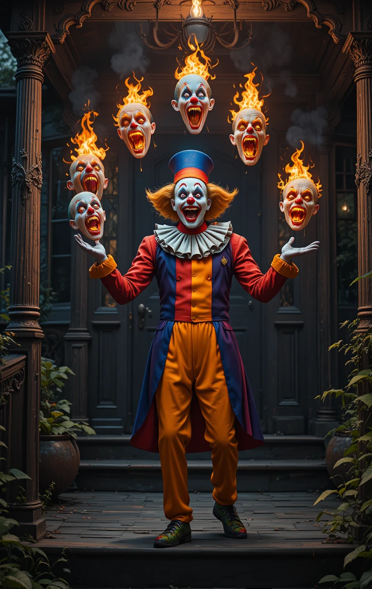 Creepy clown juggling flaming screaming heads on a porch