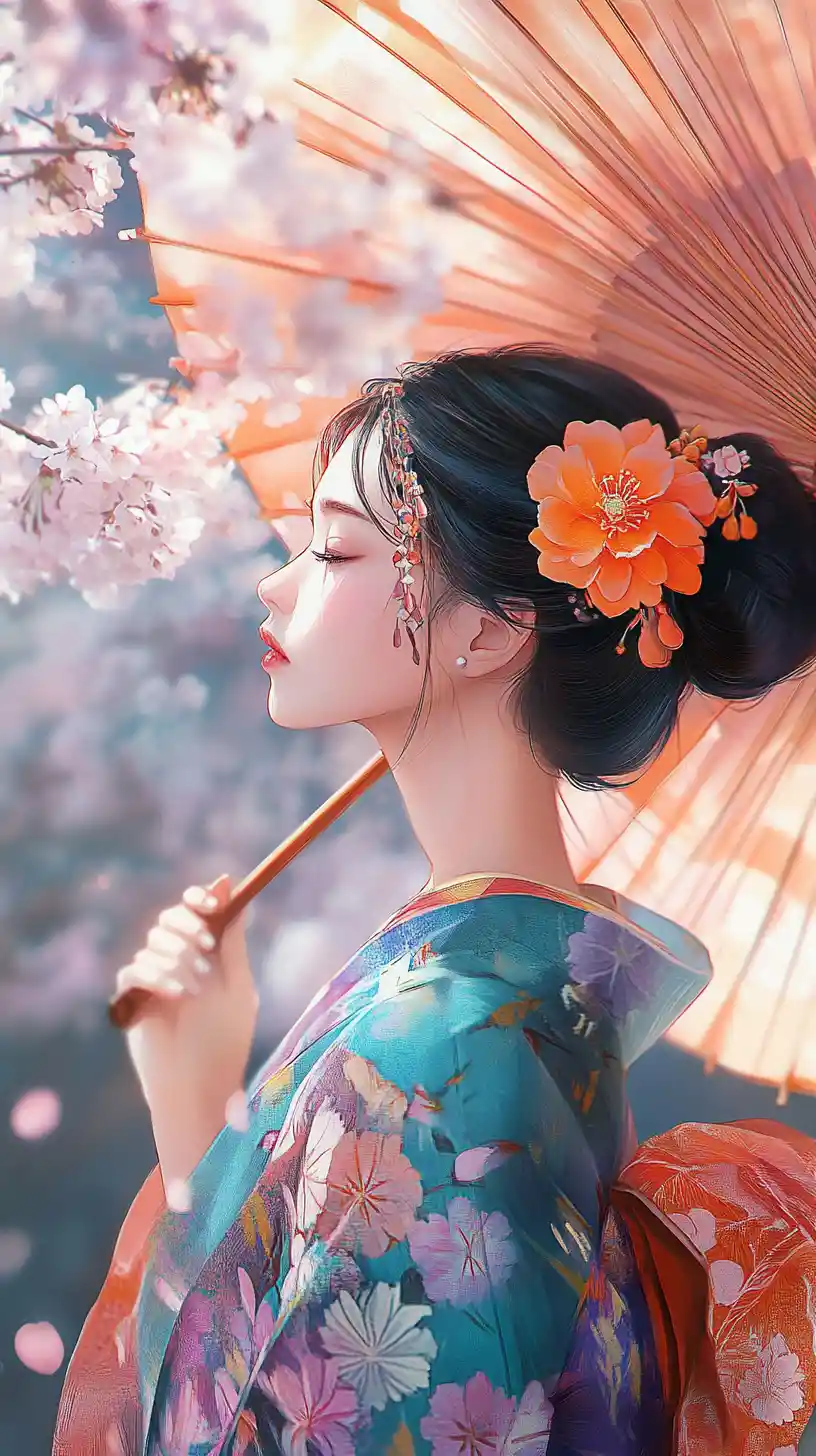 Anime girl in kimono under umbrella with cherry blossoms