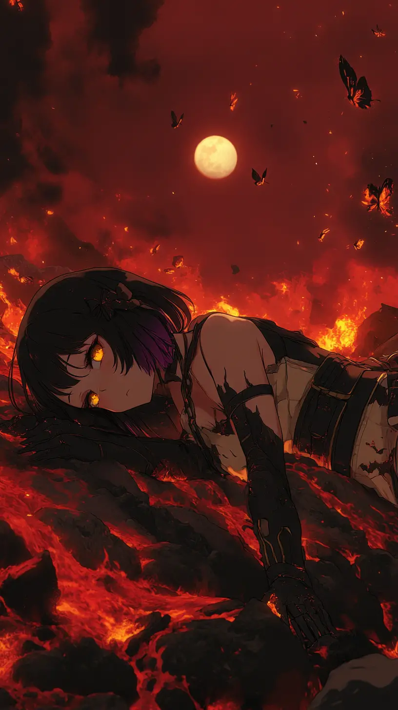 Anime girl lying in lava under a dark red sky