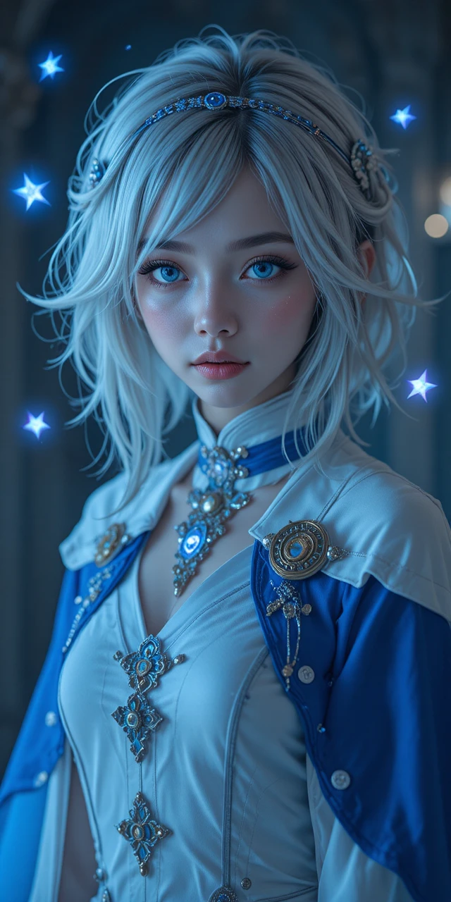 Slim fantasy traveler with glowing portals and blue eyes