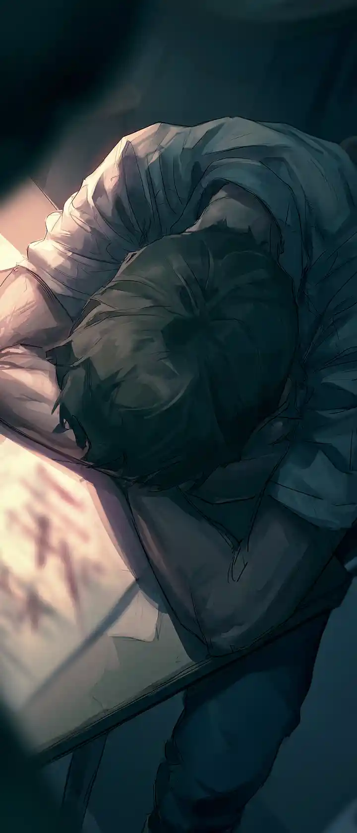 Anime student with head down at desk in dim classroom