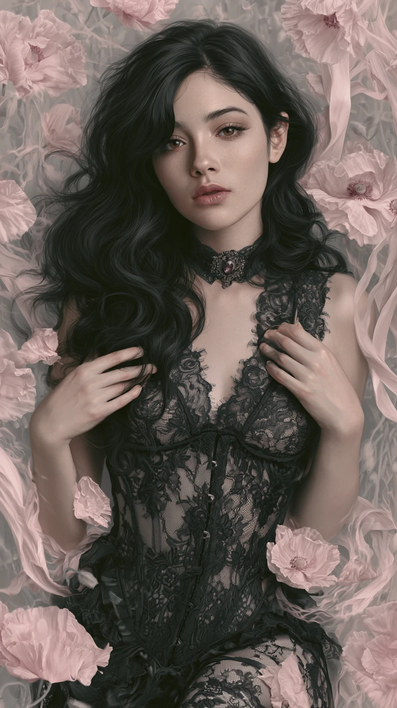 Dark romantic portrait of a woman in black lace corset