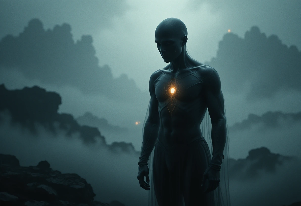 Human silhouette emerging through dense fog with glowing chest
