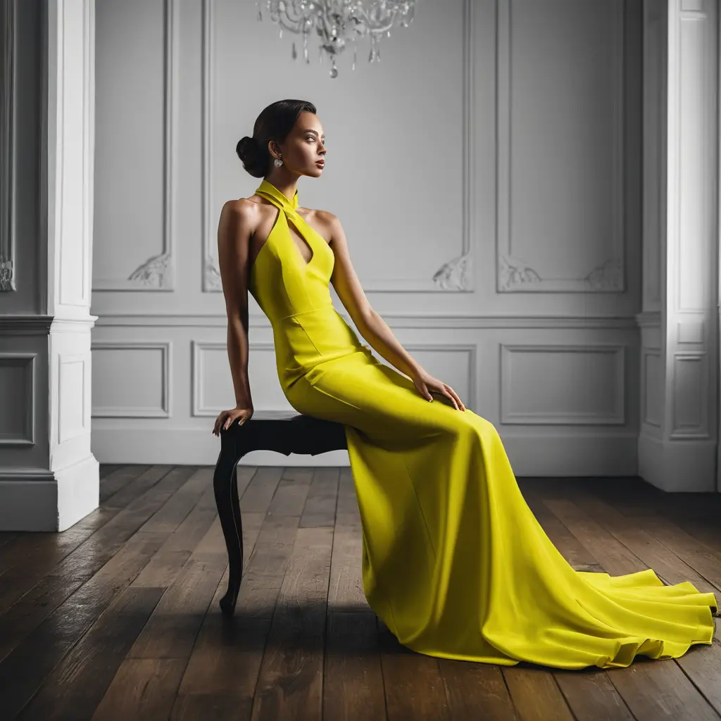 Elegant woman in neon yellow dress on wooden floor