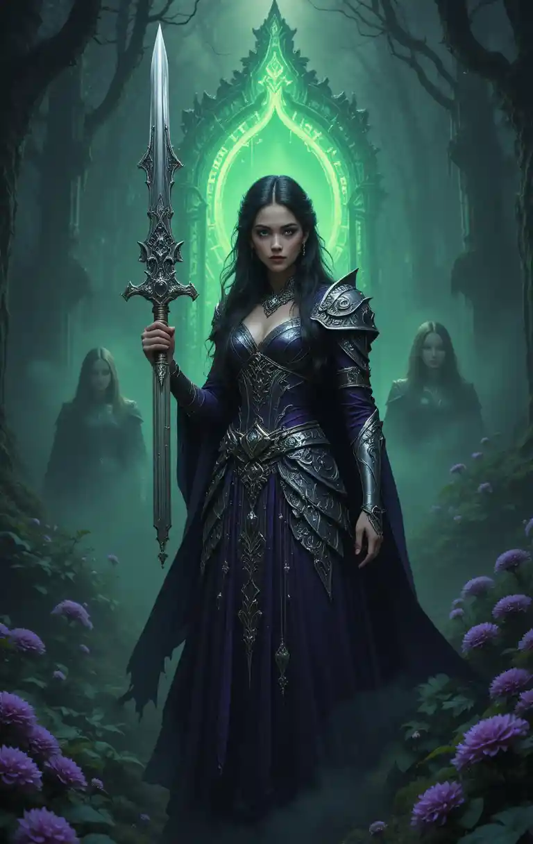 Dark Sorceress Warrior In A Misty Enchanted Forest