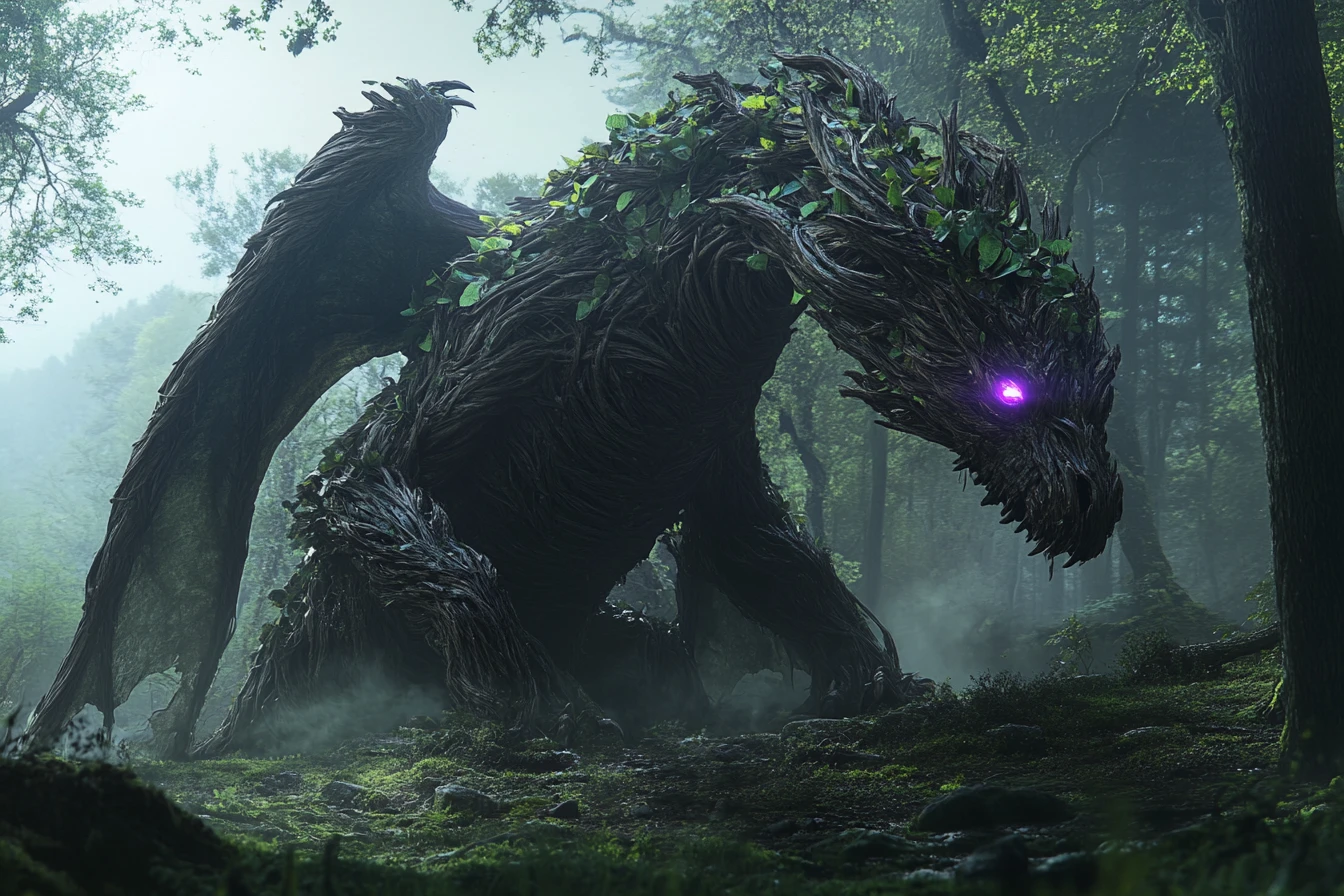 Wooden forest dragon with leaf wings and purple eyes
