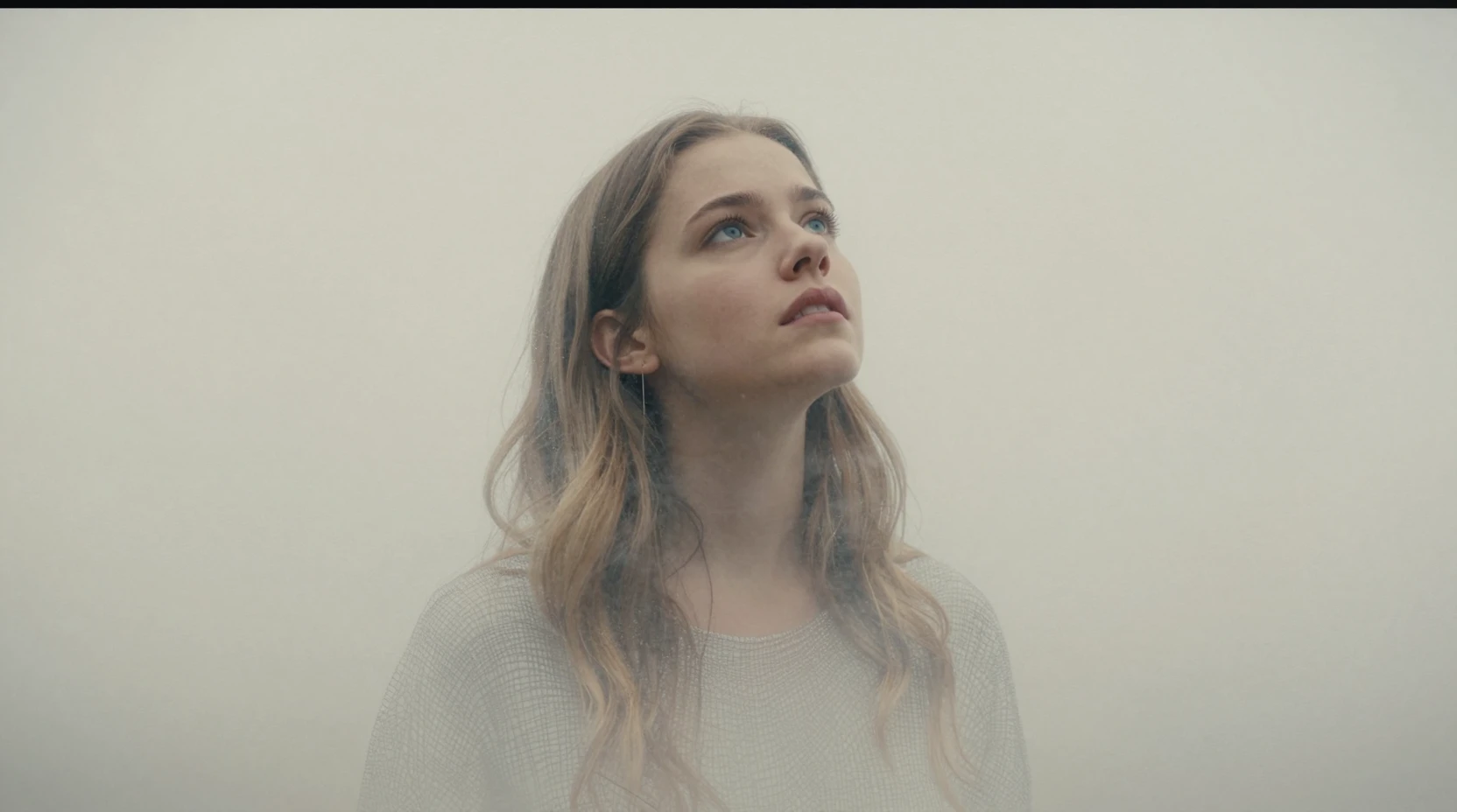 Fading young woman gazing upward in delicate hatched lines