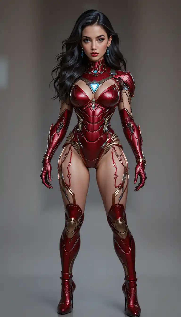 Seductive armored woman in glossy sci fi iron suit