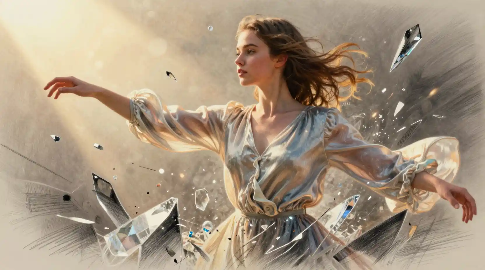Young woman fracturing into crystalline shards at golden hour