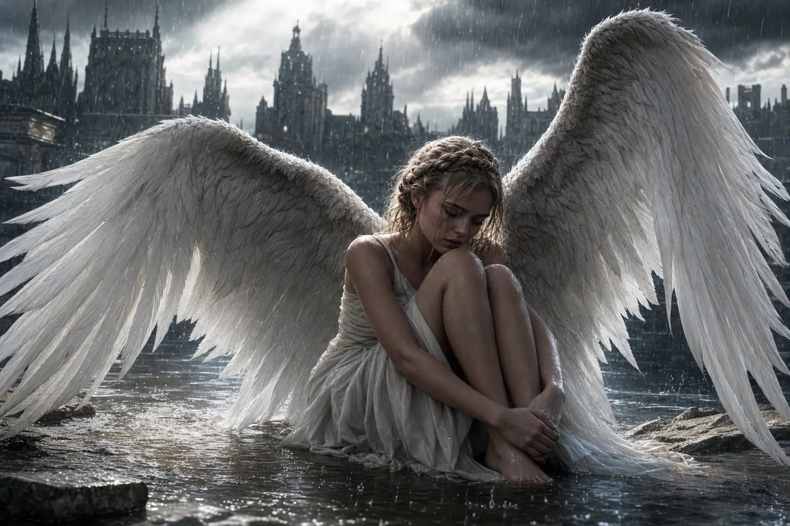 Sad angelic woman in rain with white feathered wings