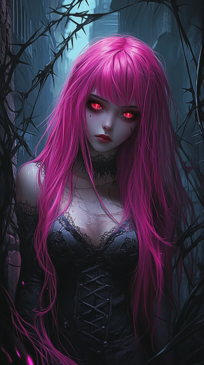 Ragazza anime dai capelli magenta in un cupo vicolo gotico