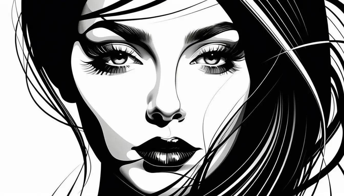 Abstract black and white female portrait made of flowing lines