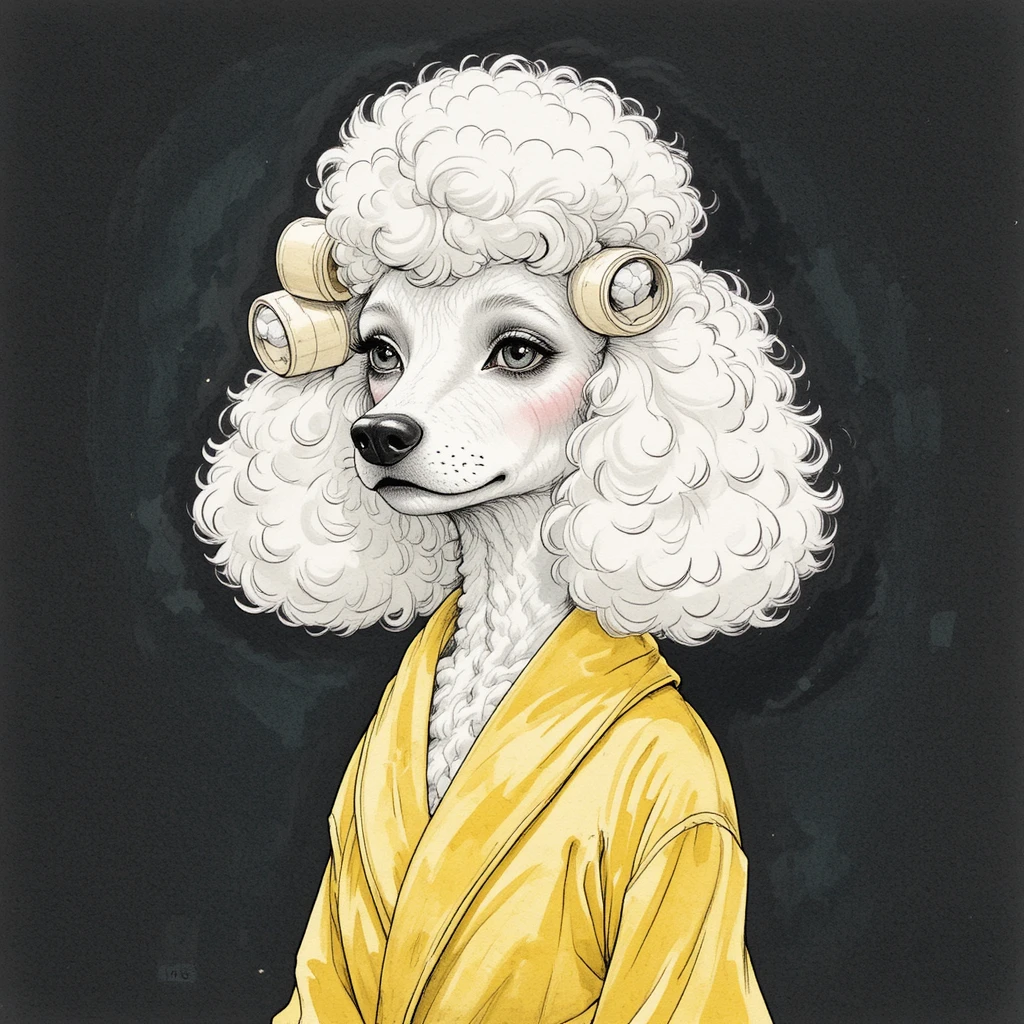 White poodle in yellow bathrobe with salon curlers illustration
