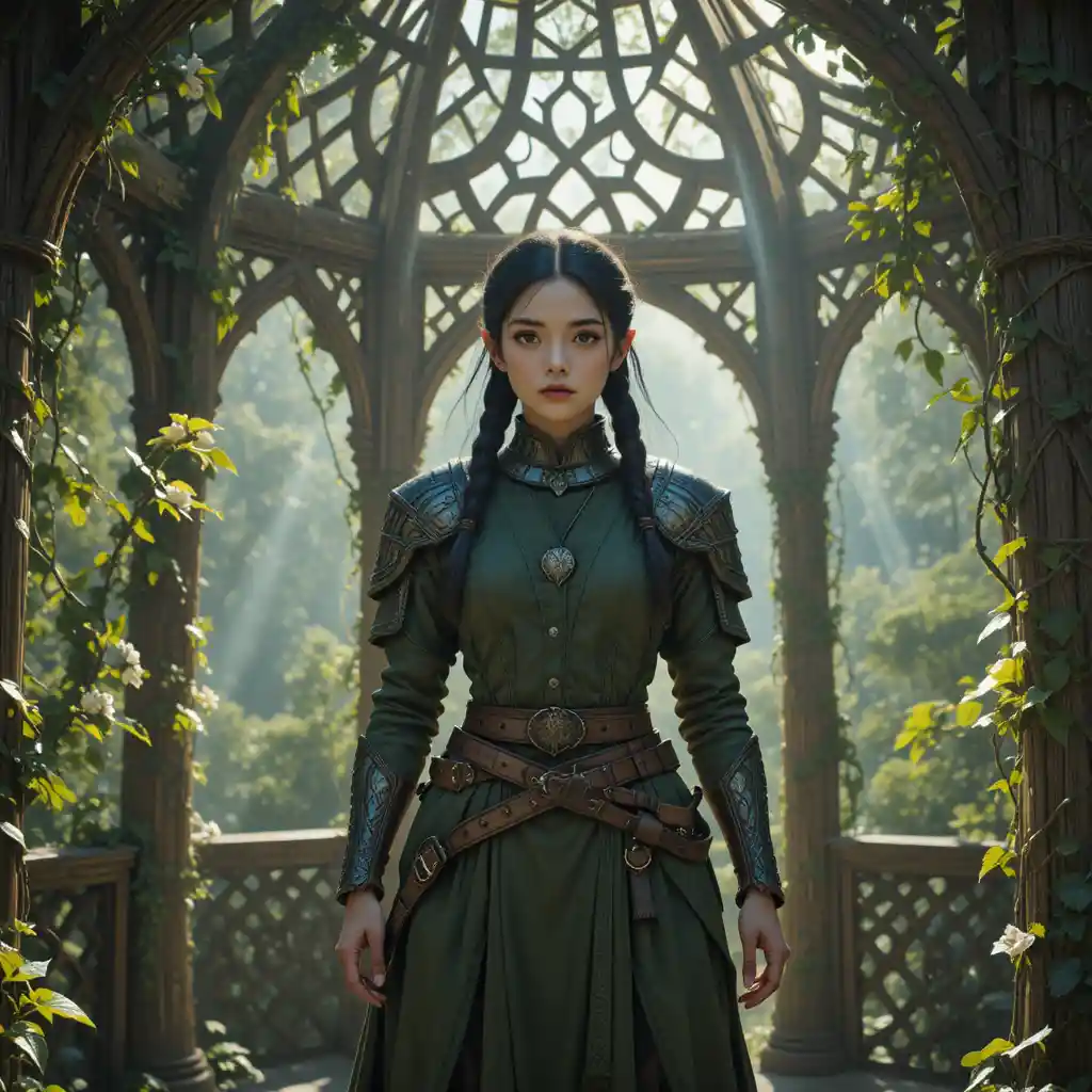 Elf warrior woman in a sunlit fantasy forest gazebo