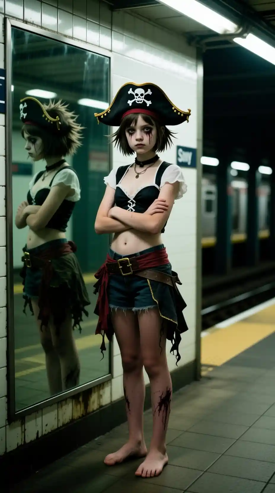 Young girl standing barefoot in a creepy subway station