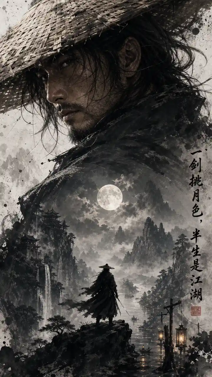 Lone wuxia swordsman in moonlit ink fantasy portrait