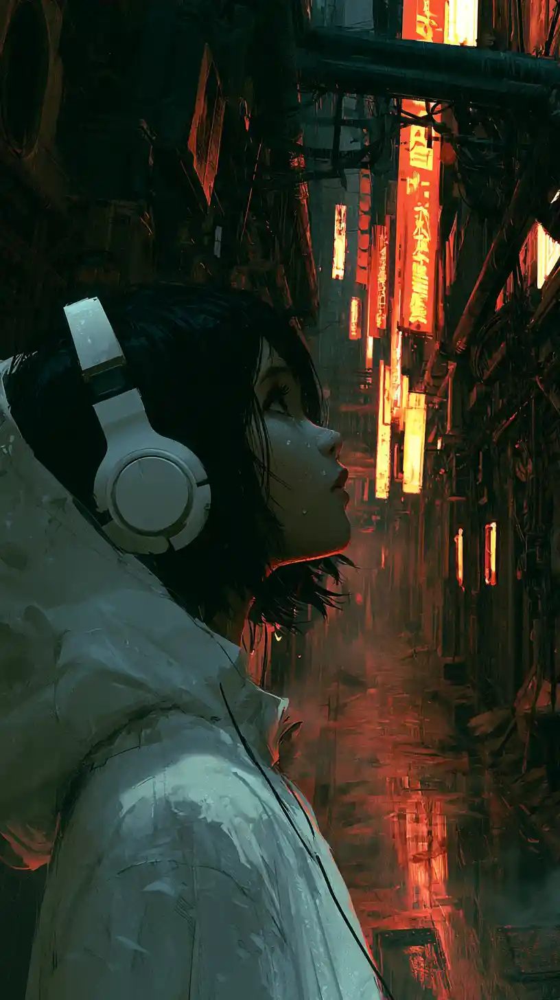 Anime girl with headphones in rainy neon city alley
