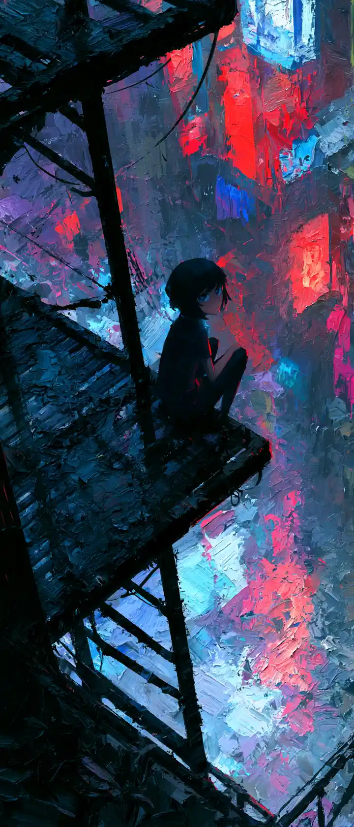 Anime woman on fire escape in neon lit cyberpunk city