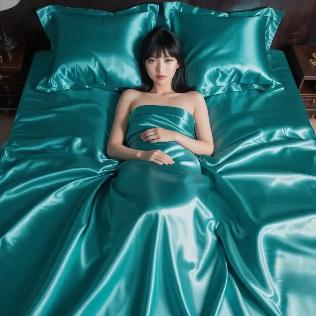 Japanese woman lying on shiny satin bed sheets