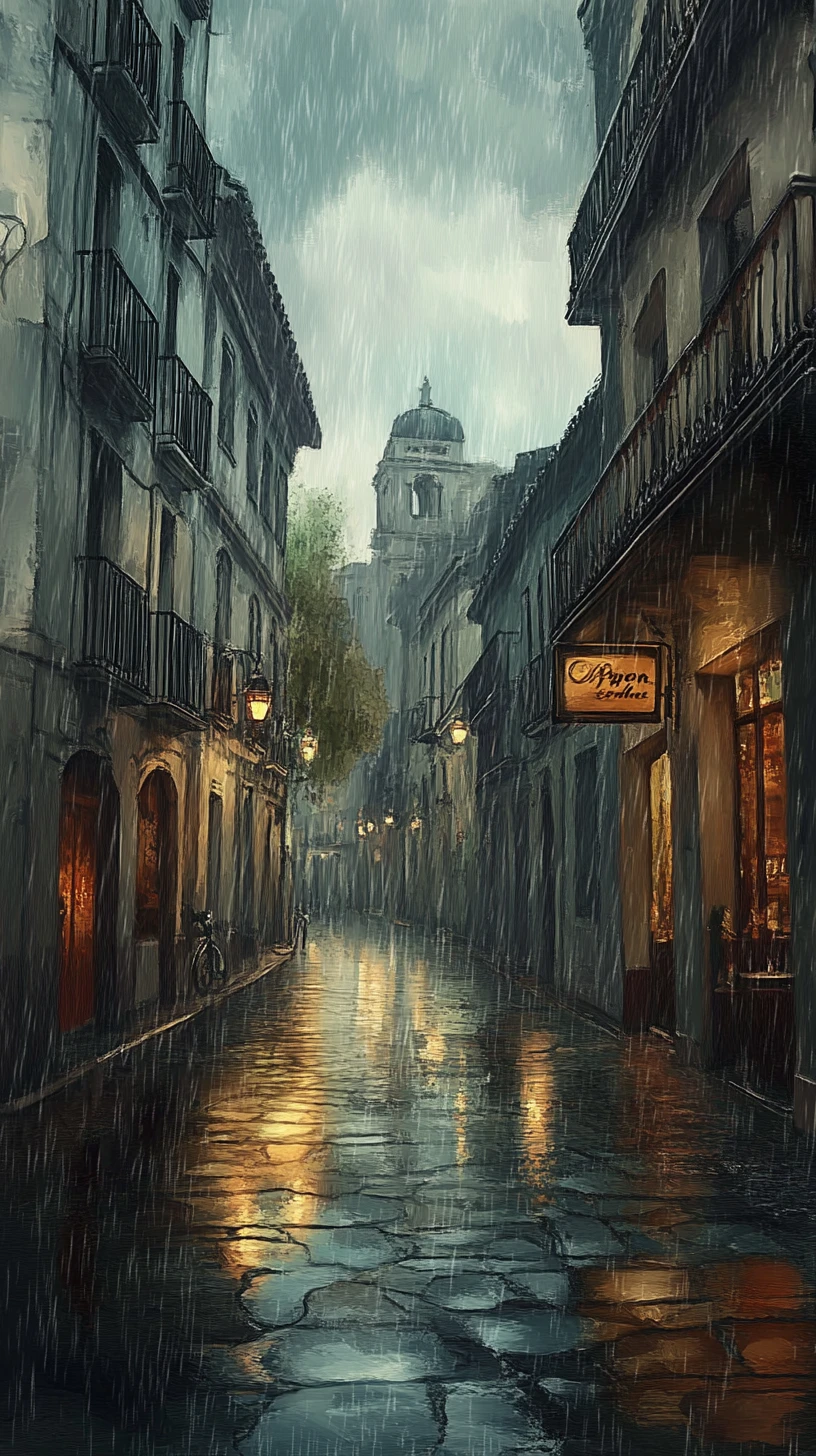 Brown bear walking on a rainy Spanish city street
