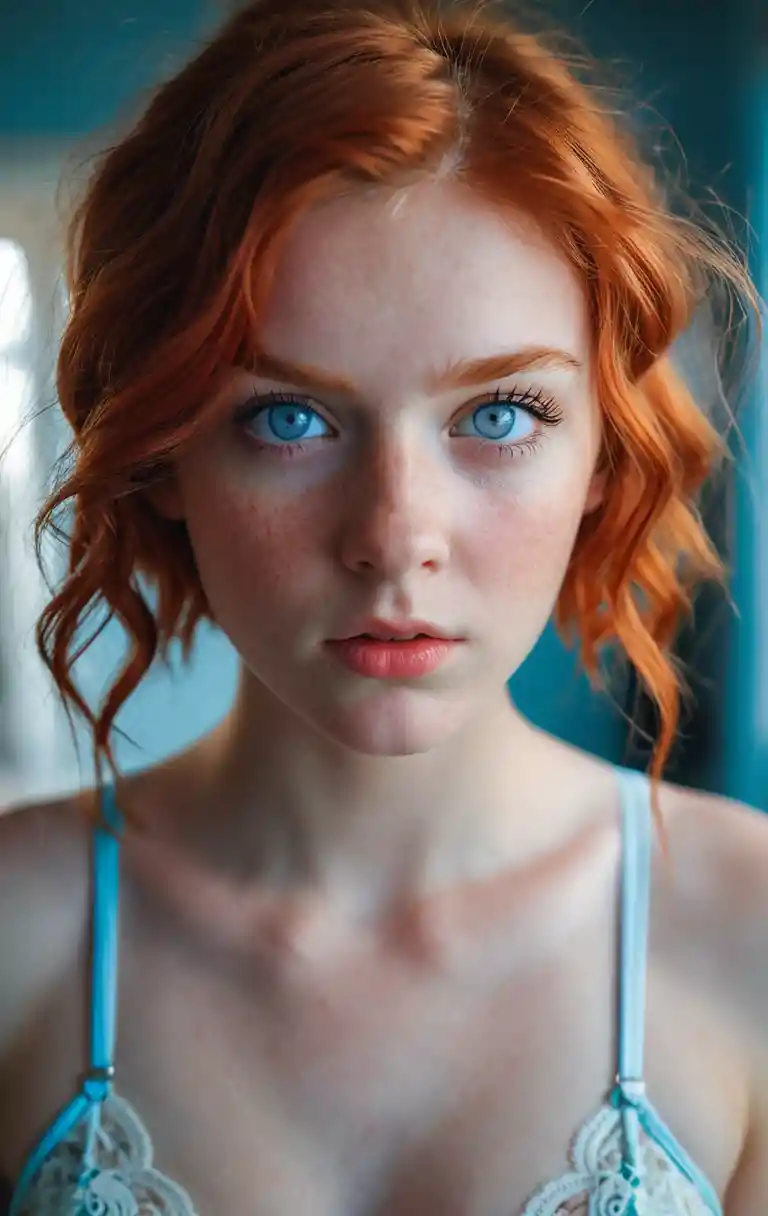 Close up portrait of red haired girl with blue eyes
