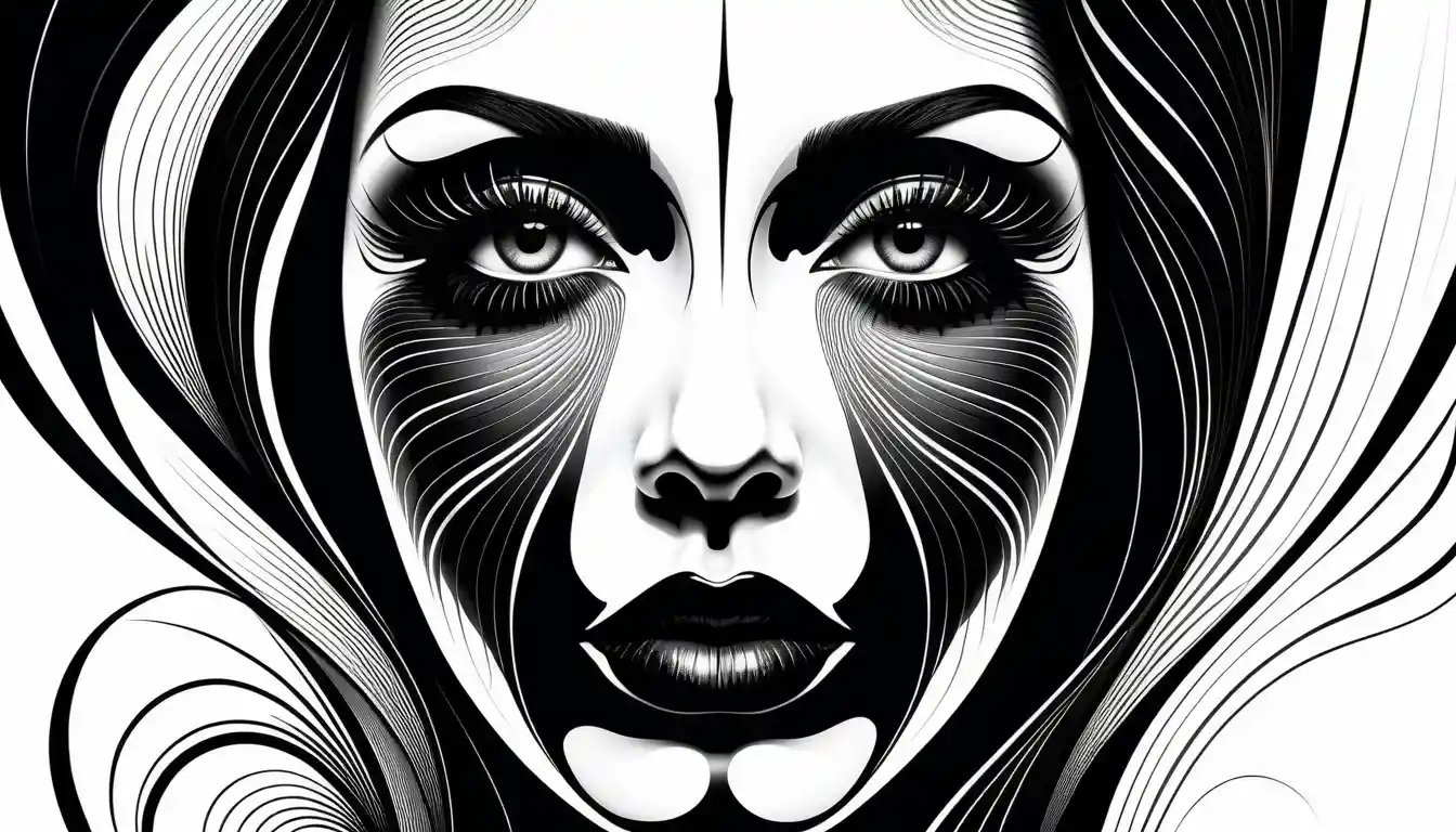 Abstract line art face with expressive eyes and lips