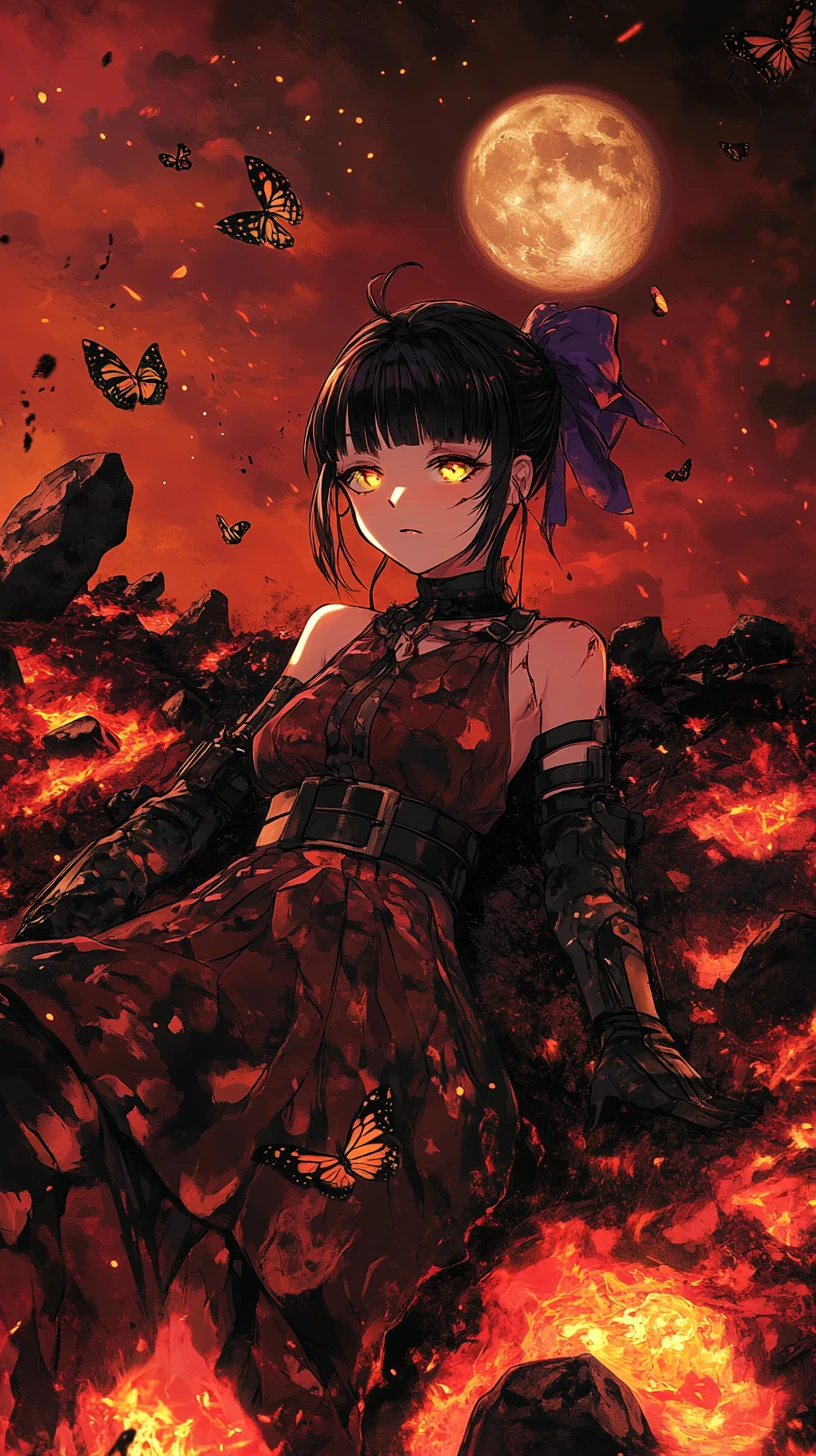Anime girl lying in lava beneath a red moonlit sky