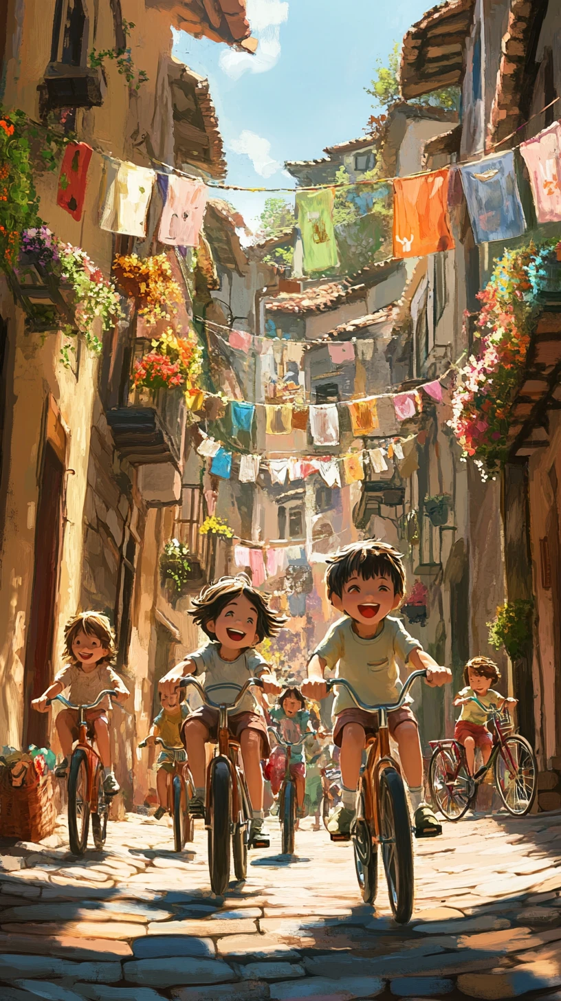 Children Riding Bicycles On Sunny European Street