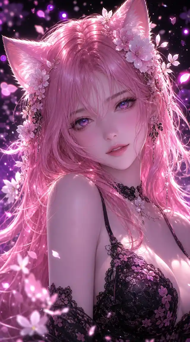 Anime girl with luminous pink hair and violet eyes