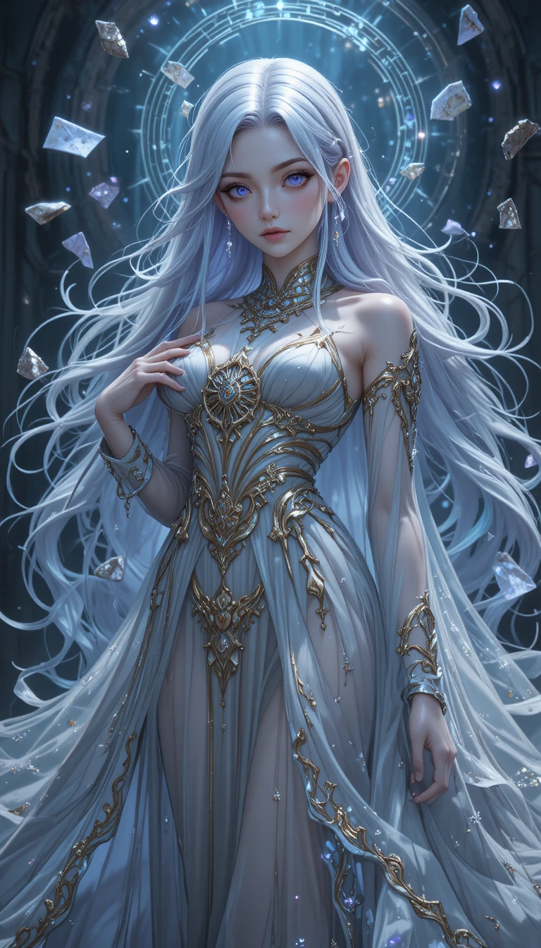 Ragazza maga del tempo in stile anime eterea con aura spettrale