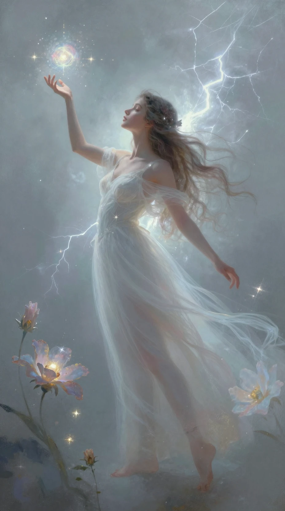 Ethereal maiden princess in a dreamlike celestial garden