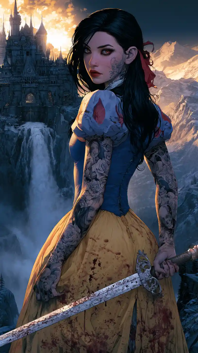 Tattooed dark fantasy princess with sword before gothic castle