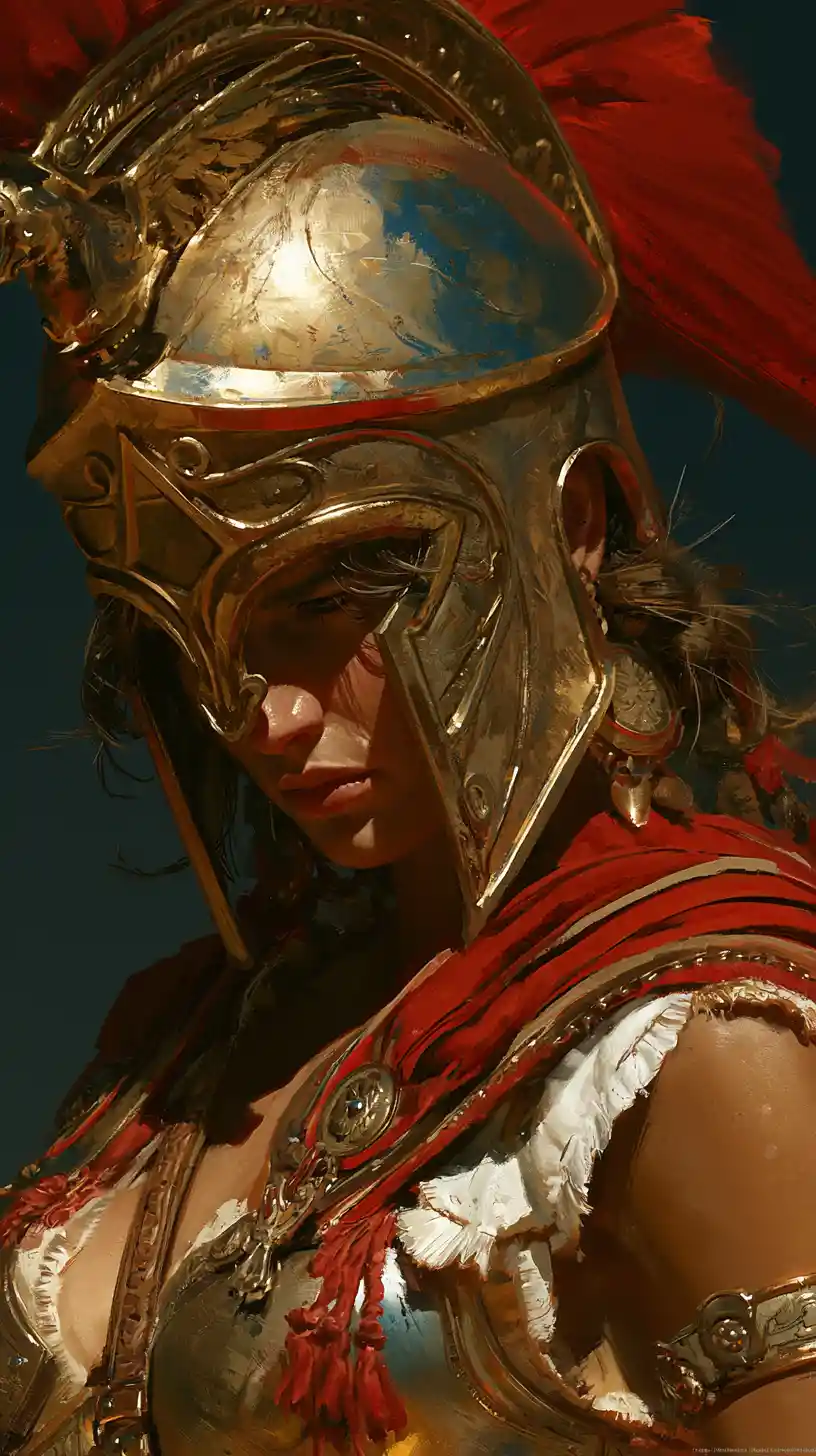 Beautiful warrior woman wearing a spartan helmet in bright light