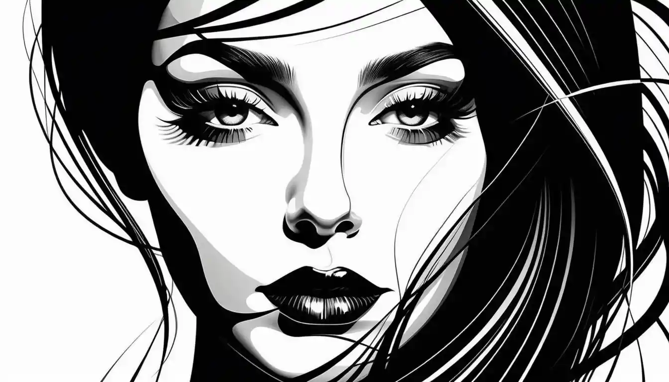 Abstract black and white female portrait made of flowing lines