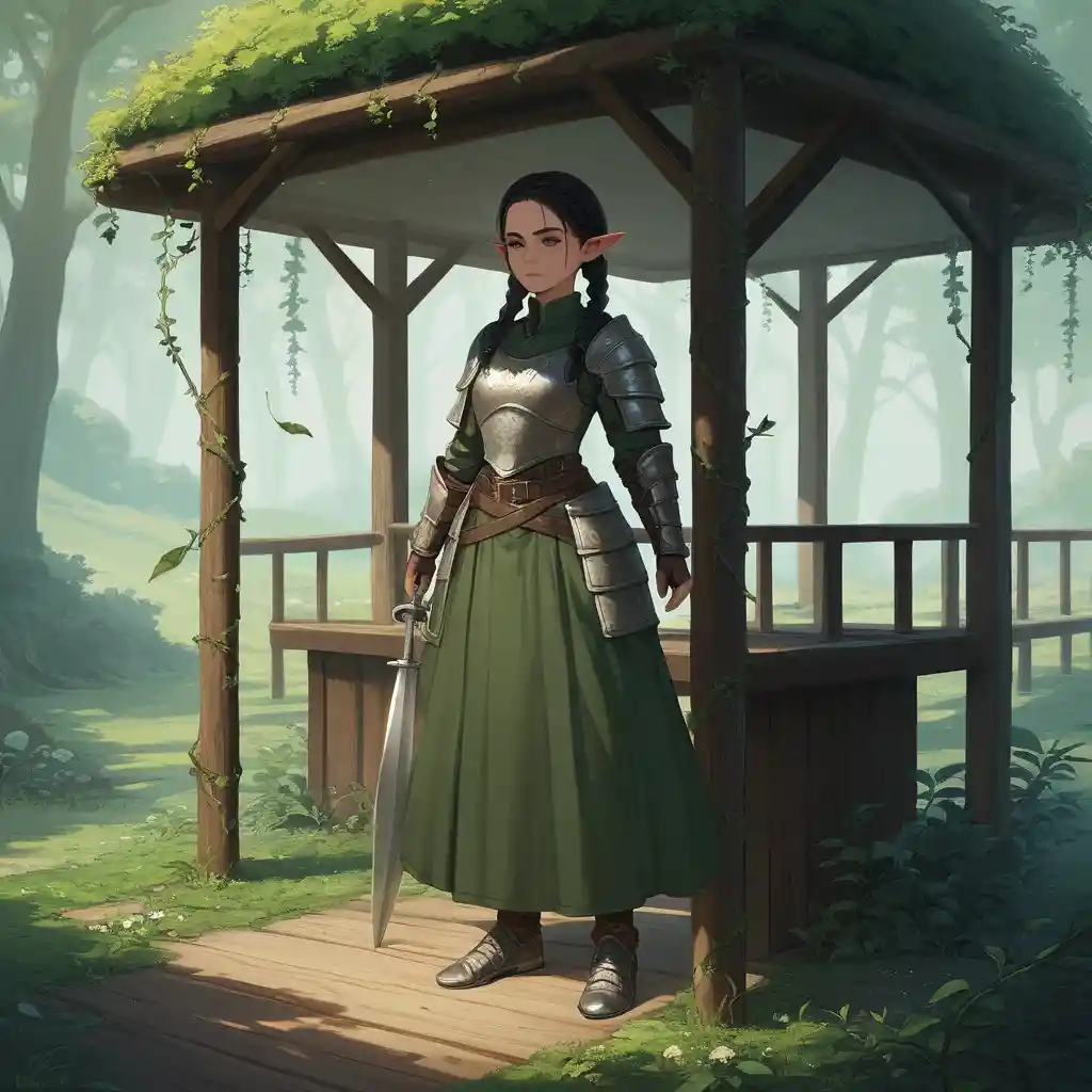 Elf warrior woman in a sunlit enchanted forest gazebo