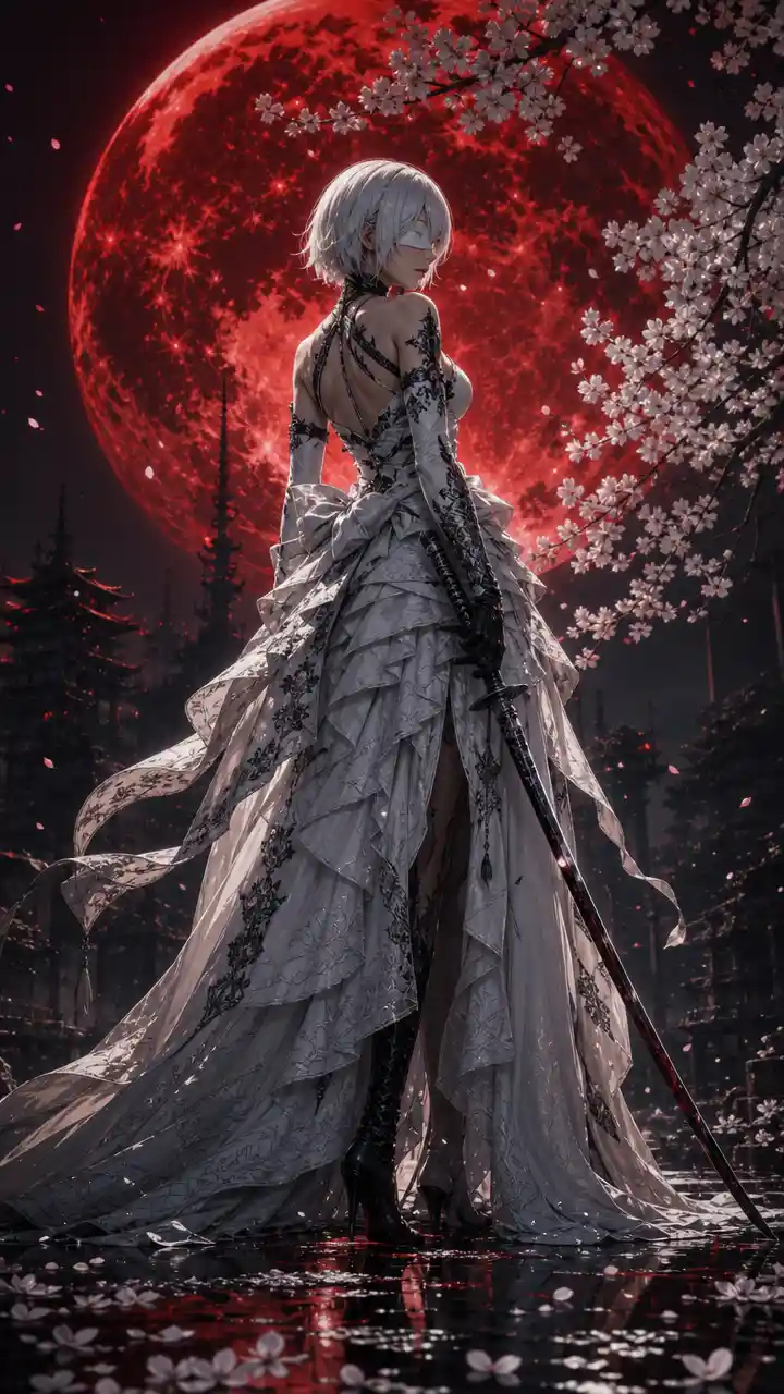Blindfolded white haired warrior before a blood red moon