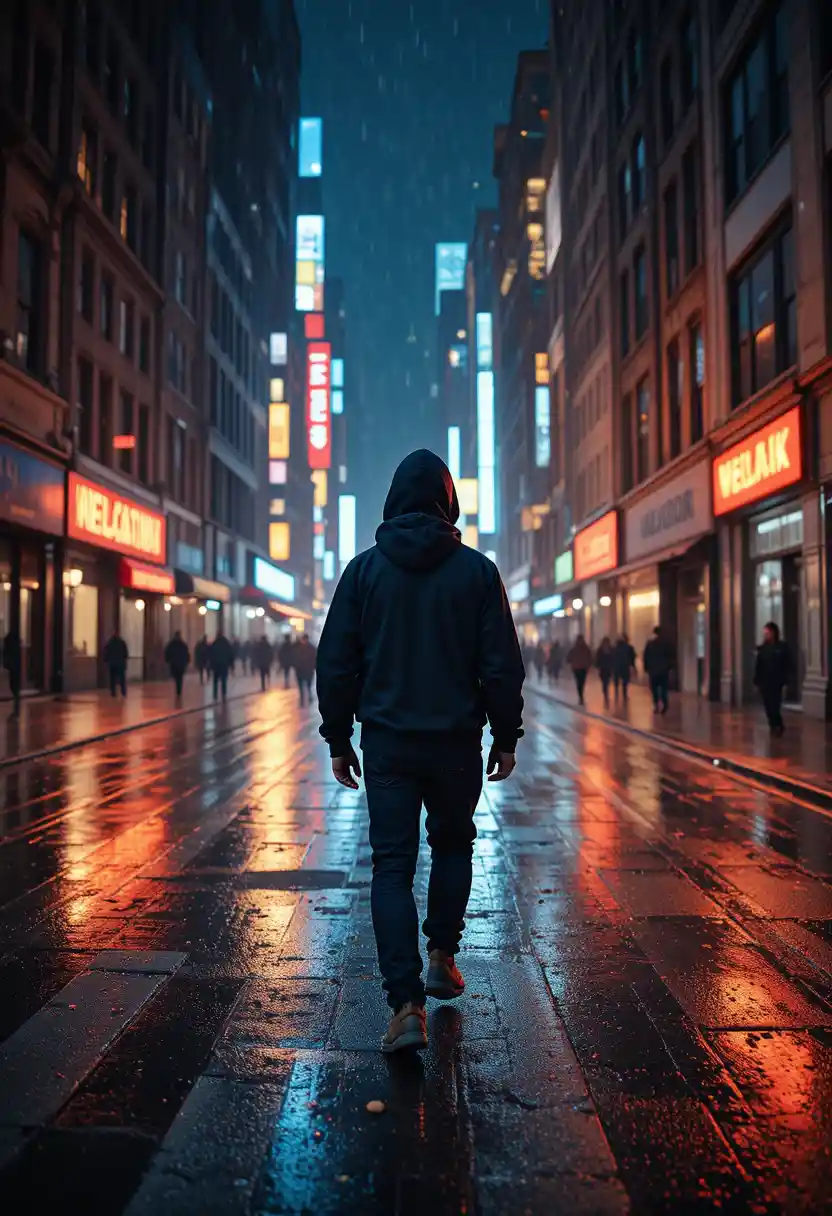 Lone figure in a hoodie walking down rainy city street at night