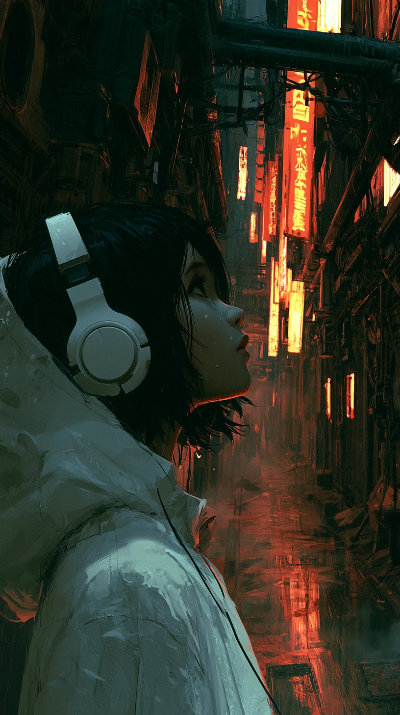 Anime girl with headphones in rainy neon city alley