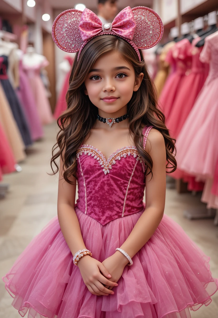Young girl in pink Minnie dress in boutique shop