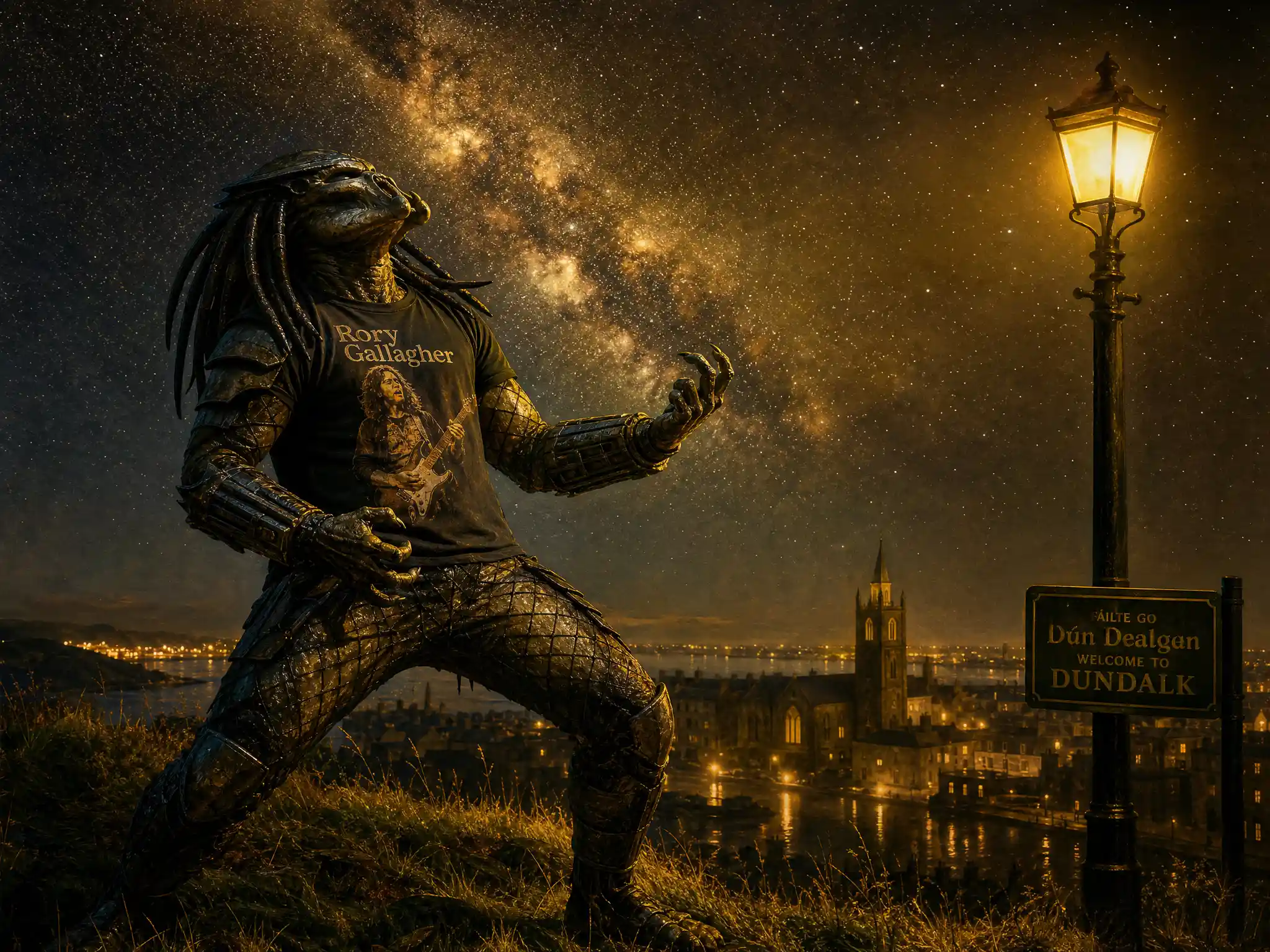 Alien-Predator spielt Luftgitarre auf einem irischen Hügel