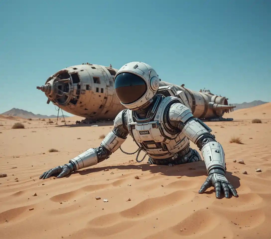 Humanoid robot skeleton in a desolate alien desert