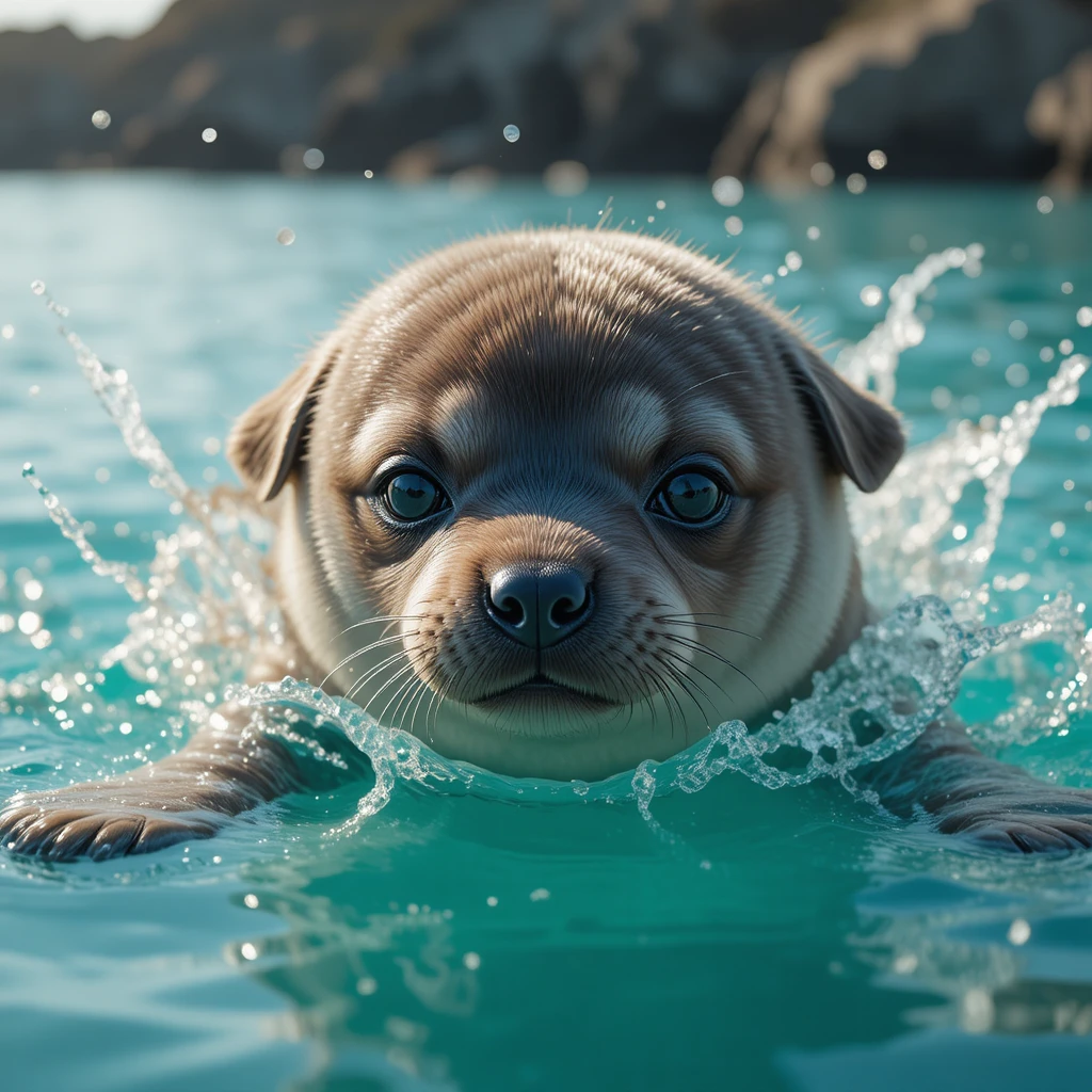 Seal and puppy hybrid splashing in bright turquoise water