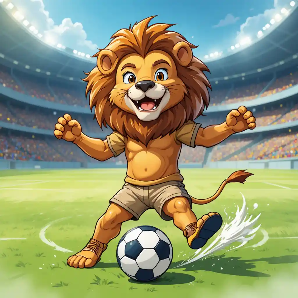 Cute cartoon lion kicking a soccer ball in stadium